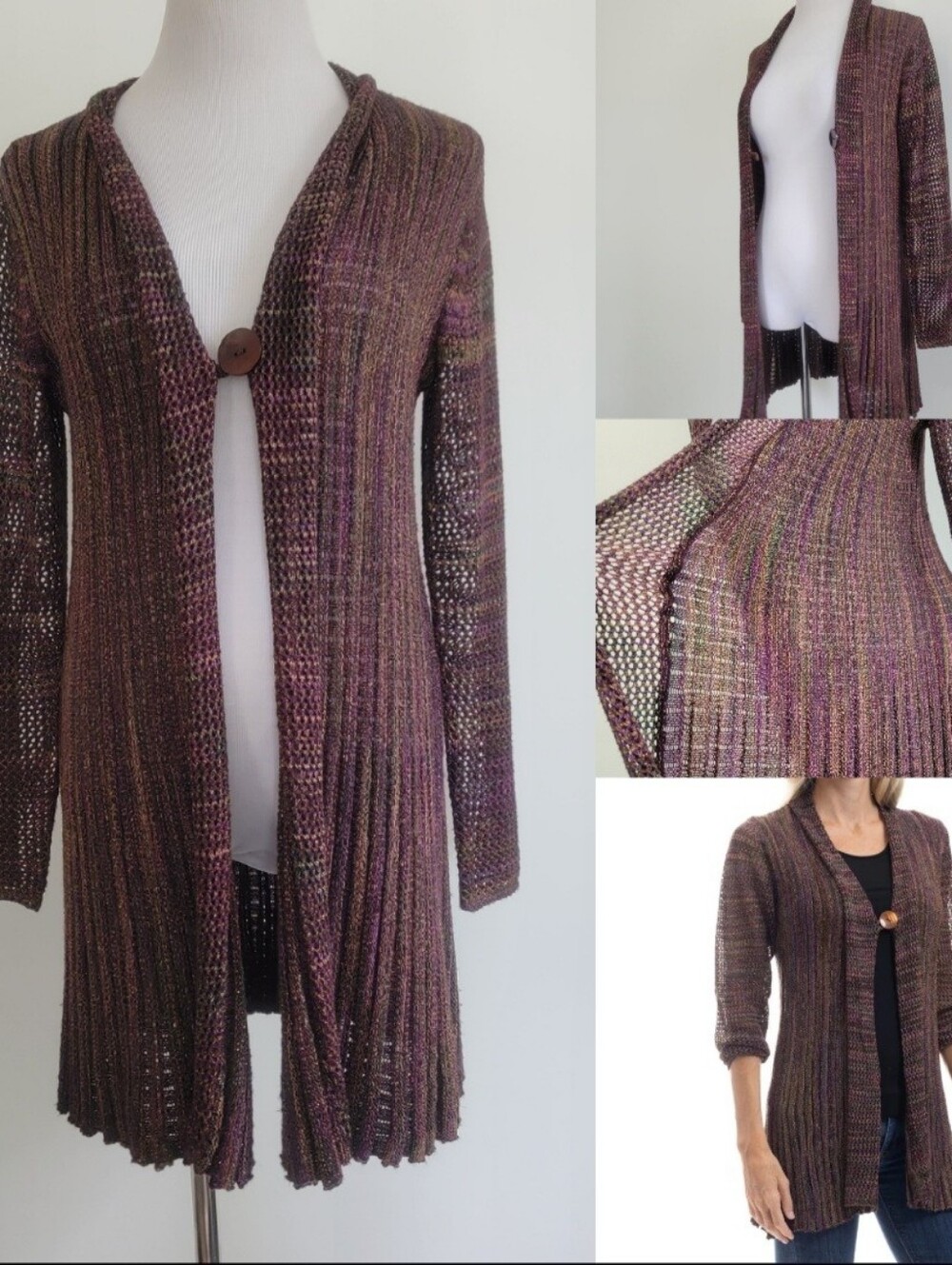 Krazy Kat Womens Size L Juniors Brown Metallic Knit Long Sleeve Sweater Cardigan